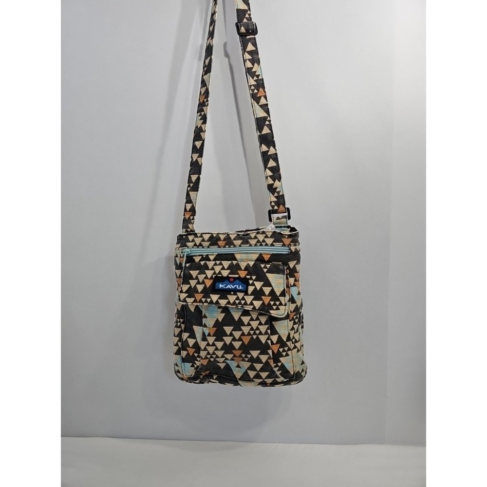 KAVU Crossbody Bag Geometric Pattern Adjustable Strap Zipper Accent Blue Lining